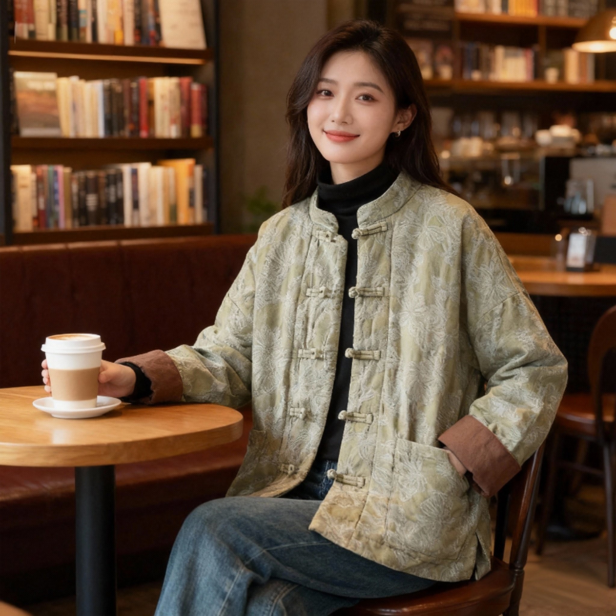 新中式复古盘扣亚麻炒色提花夹棉拜年棉服老钱风松弛感女装贵气潮