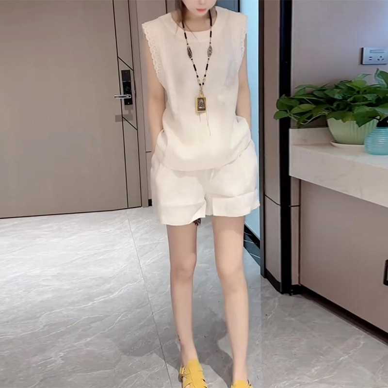 时尚休闲套装女2025夏季宽松显瘦蕾丝拼接无袖上衣阔腿短裤两件套
