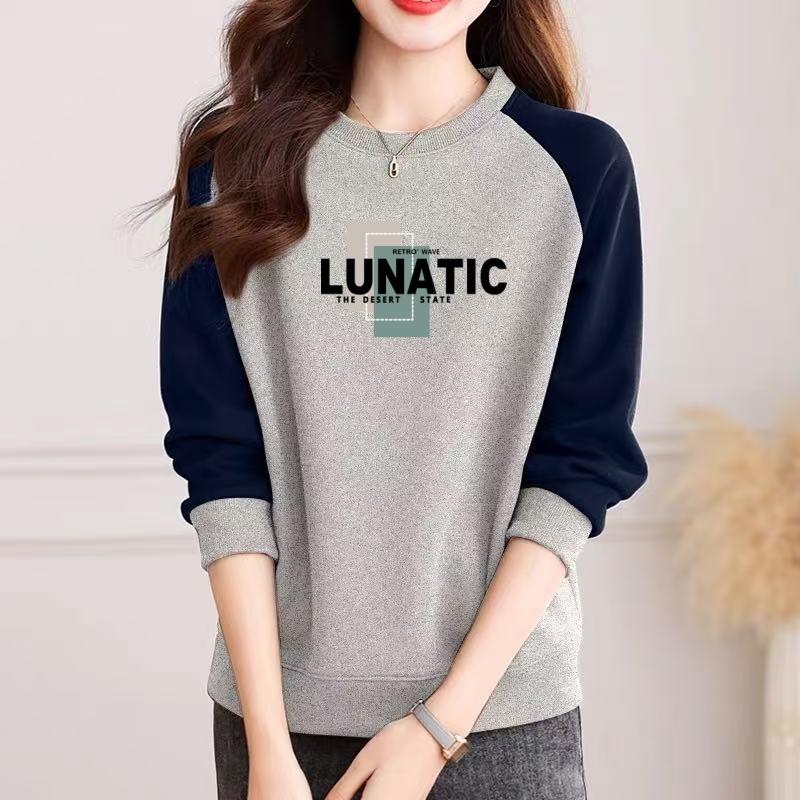 秋冬插肩大码拼接撞色圆领卫衣女洋气时尚减龄宽松加绒加厚套头潮