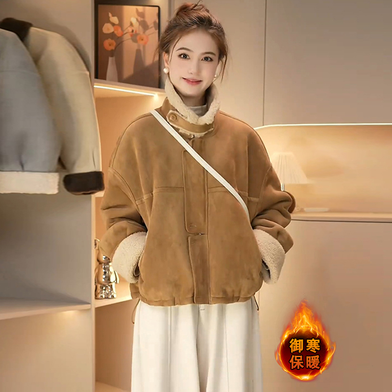 La babite时尚加绒加厚短款外套2025冬季新款保暖显瘦夹克上衣