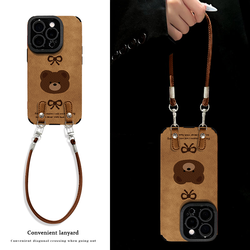 适用于苹果16华为/oppo/vivo蝴蝶结棕熊手机壳可爱创意新款小羊皮