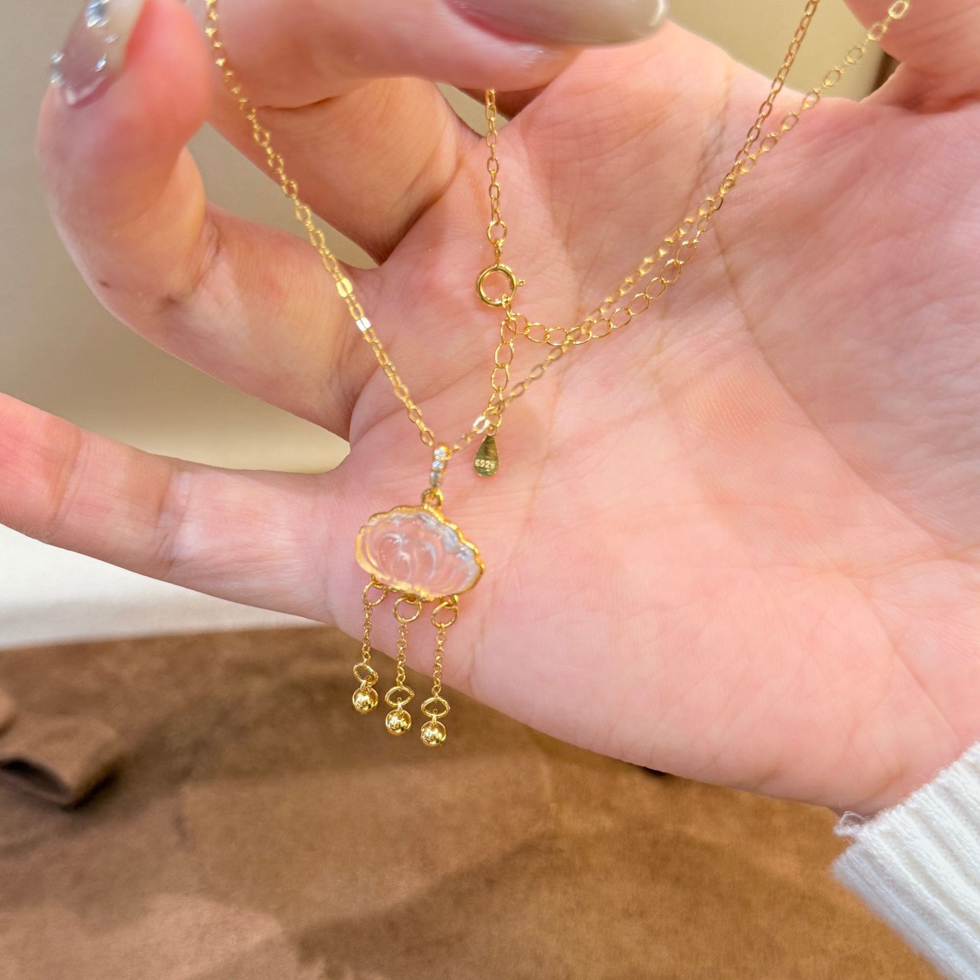 新中式s925纯银天然白水晶吊坠莲花流苏项链女精致优雅国风锁骨链