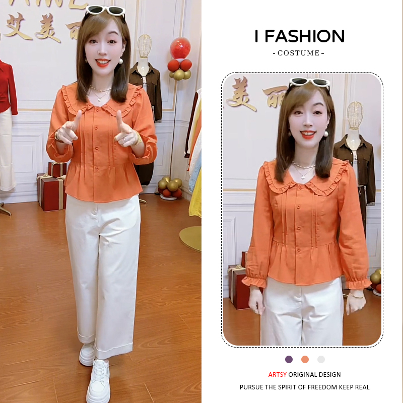 休闲简约百搭娃娃领衬衫女2025春秋新款减龄气质修身显瘦长袖上衣