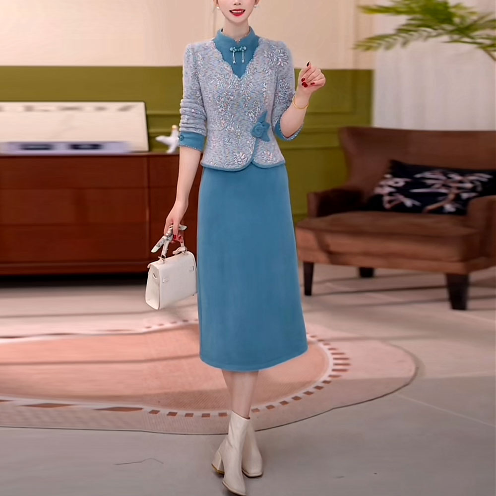雪花绒加厚保暖新中式假两件连衣裙2025秋冬新款时尚修身气质裙子