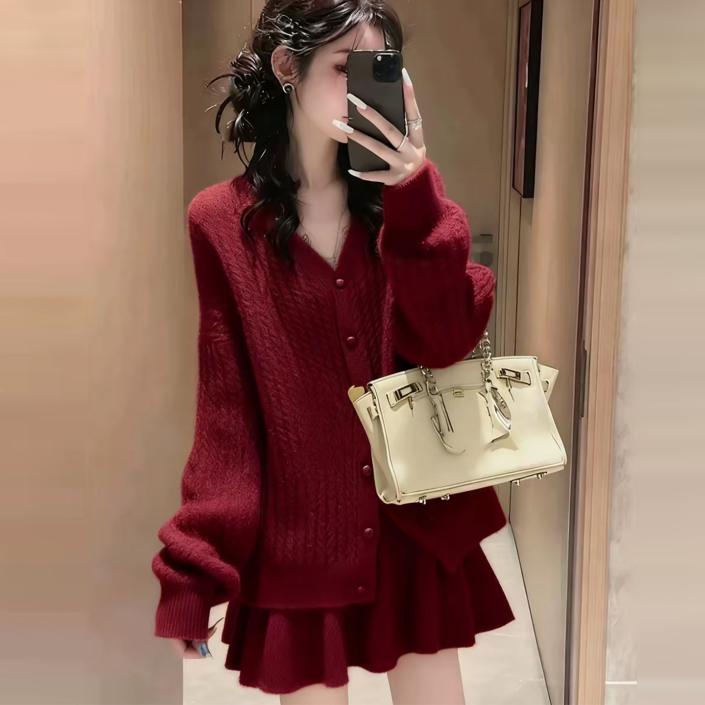 红色跨年战袍2026过新年气质针织洋气V领连衣裙子毛衣短裙两件套