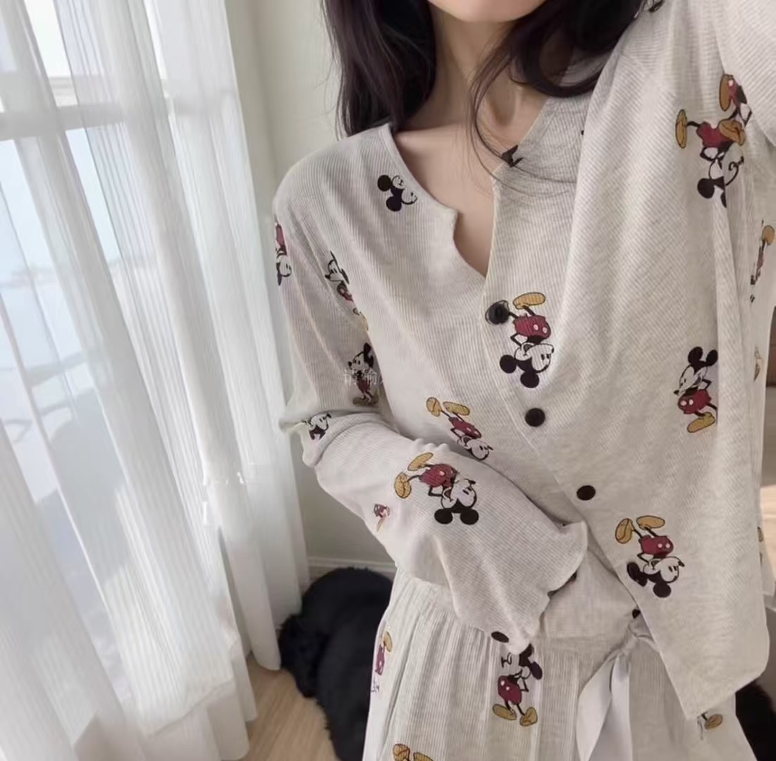 2025睡衣女秋季新款长袖长裤套装螺纹卡通米奇宽松可外穿家居服