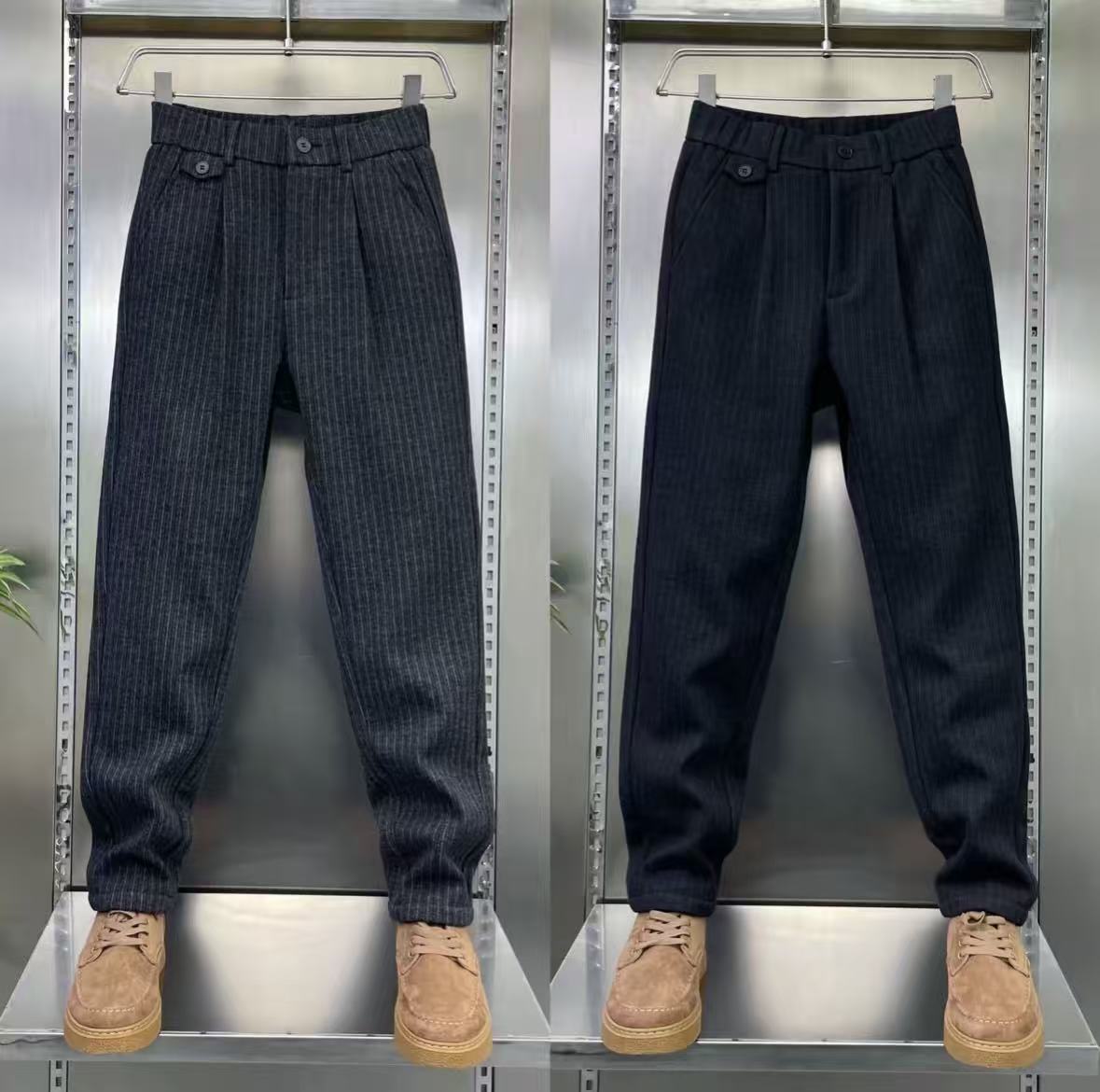 2025秋冬新款男士高档加绒加厚条纹商务休闲裤时尚轻奢保暖长裤子