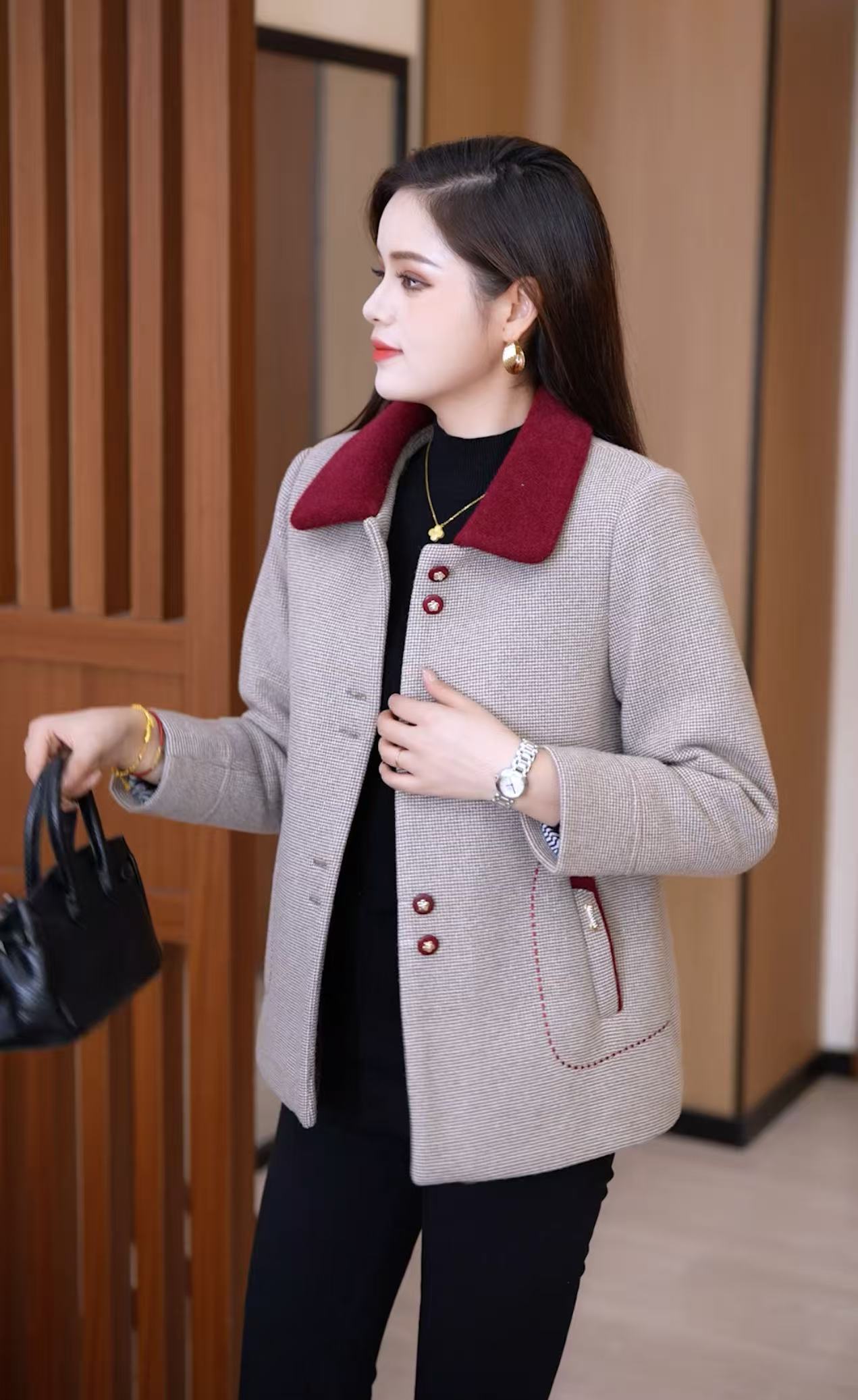 【红窗品牌】中老年女装显年轻气质妈妈装秋冬款短款格子外套LX