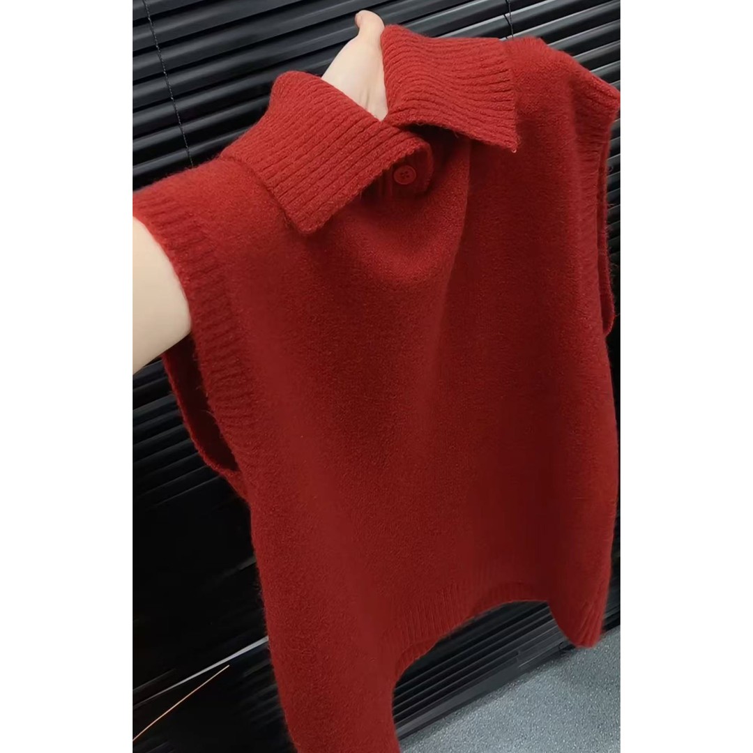 韩系红色翻领针织背心别致宽松舒适叠穿时尚打底上衣气质慵懒马甲