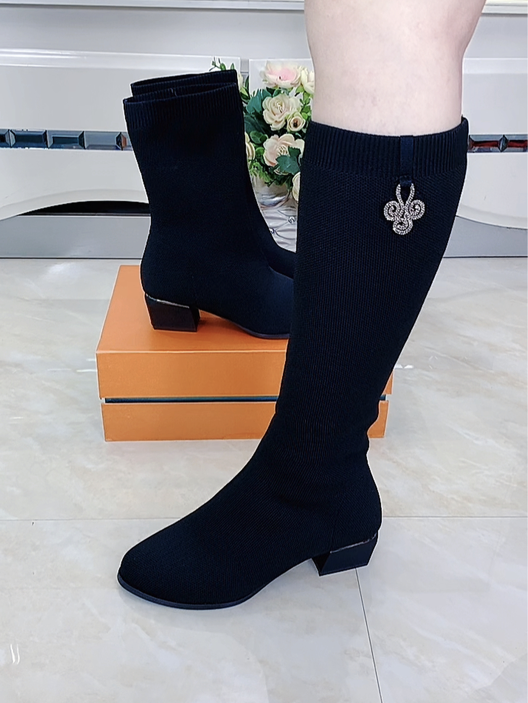 新款4厘米中跟高筒弹力靴女靴袜子针织靴子女鞋长靴时尚黑色百搭
