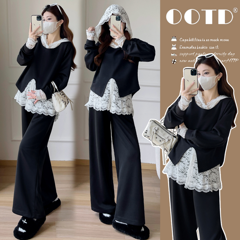 孕妇装休闲减龄卫衣套装2025年新款蕾丝马甲阔腿裤超火孕妇三件套