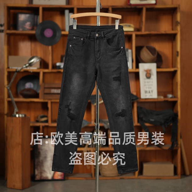 秋冬季美式复古原创高端男士黑色破洞补丁牛仔裤修身弹力潮牌个性