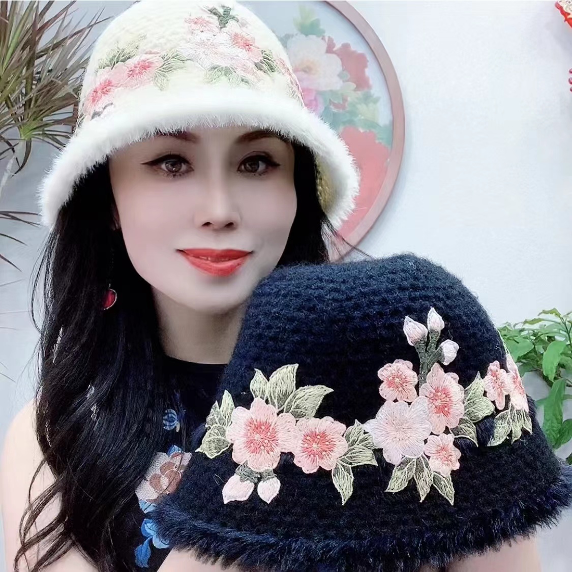 帽子女冬季保暖渔夫帽妈妈款绣花盆帽时尚百搭洋气水桶帽1523