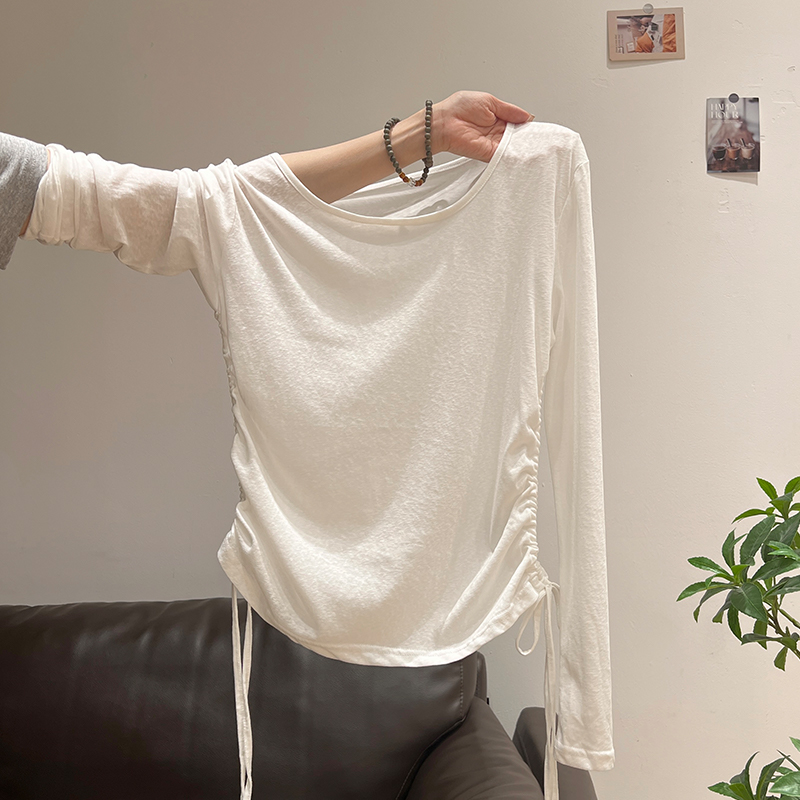 韩版纯色防晒罩衫绑带褶皱长袖T恤女2025夏季微透休闲薄款上衣女