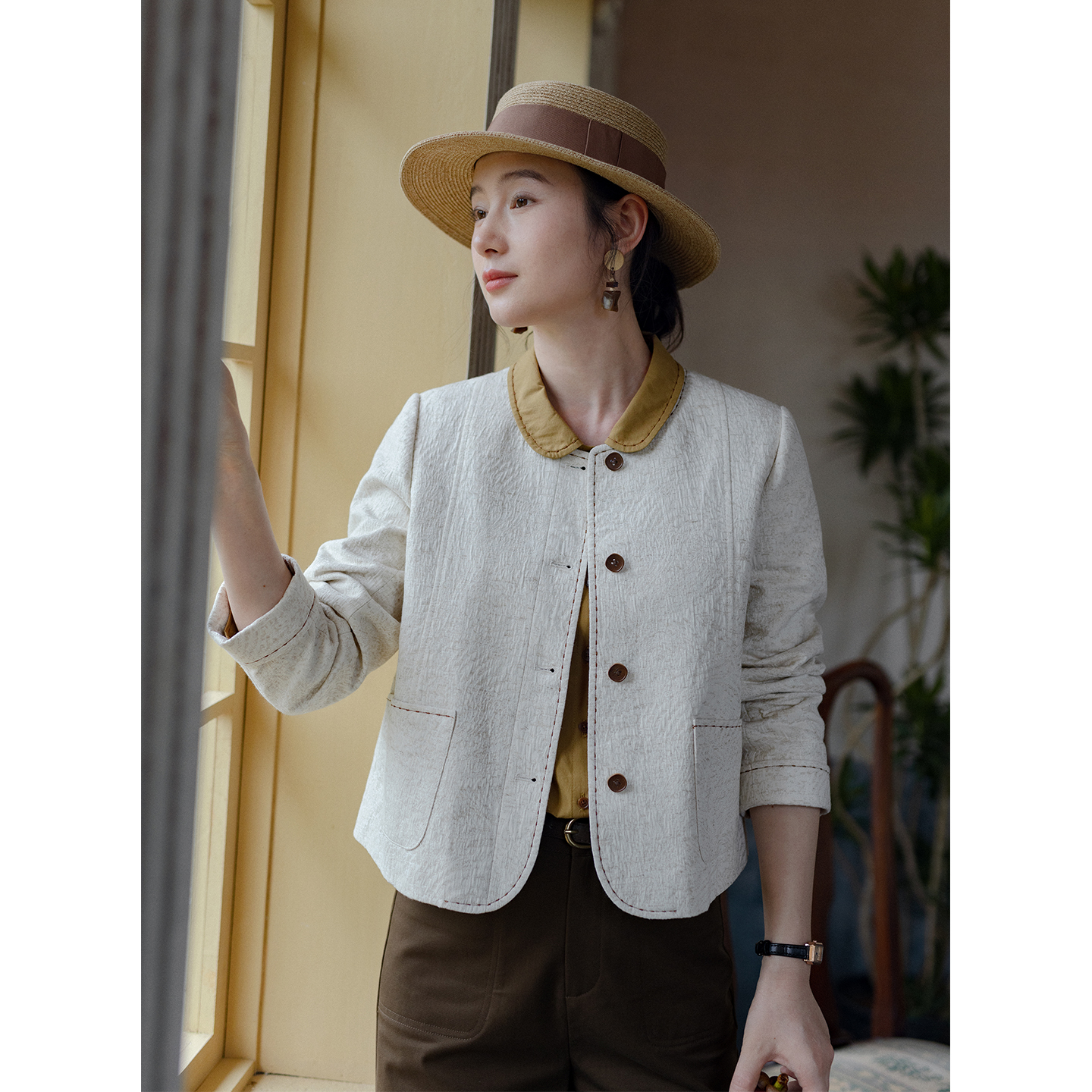 红念米白色棉麻外套女短款小个子2025年秋季新款女装休闲外套女