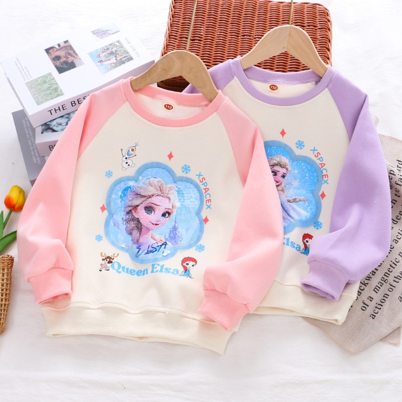 女童秋季卡通亮片长袖卫衣儿童春秋新款变色亮片女童纯棉卫衣