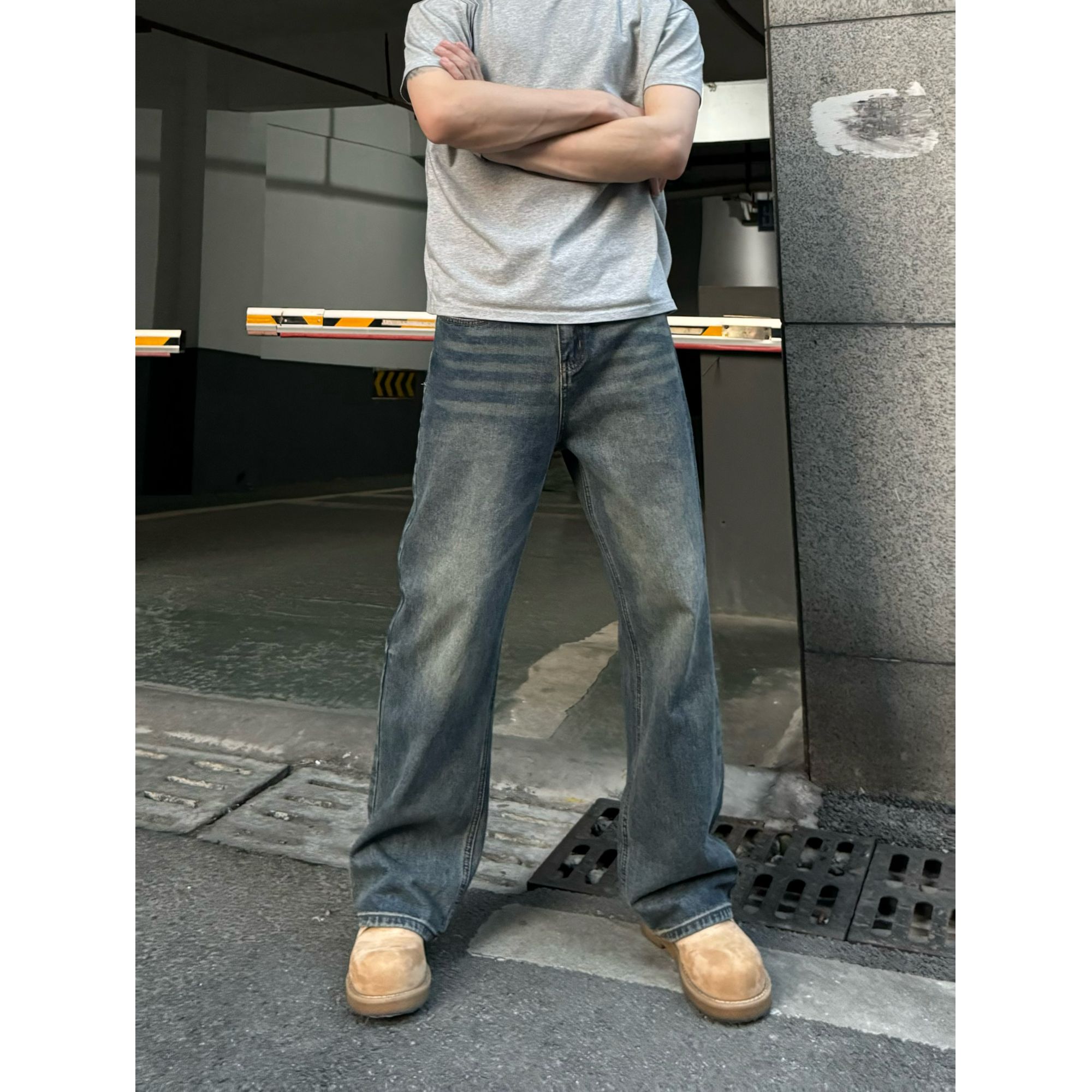 JMFOPE秋冬复古直筒牛仔裤百搭简约猫须水洗潮牌男款新款垂感裤子