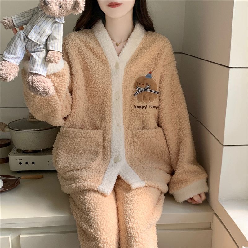 新款半边绒睡衣女秋冬季加厚保暖可爱珊瑚绒少女家居服套装可外穿