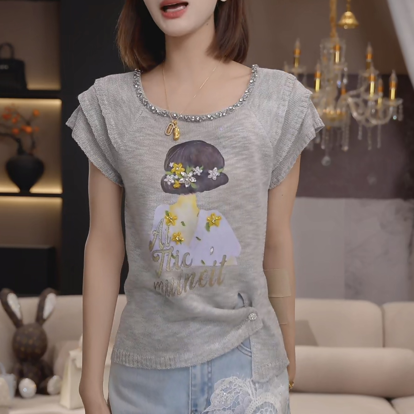 少女心事～夏季薄款串钻时尚印花气质小飞袖针织上衣服小众女装