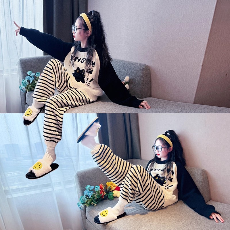女童卡通睡衣套装半边绒2025新款女孩冬装保暖家居服儿童网红爆款