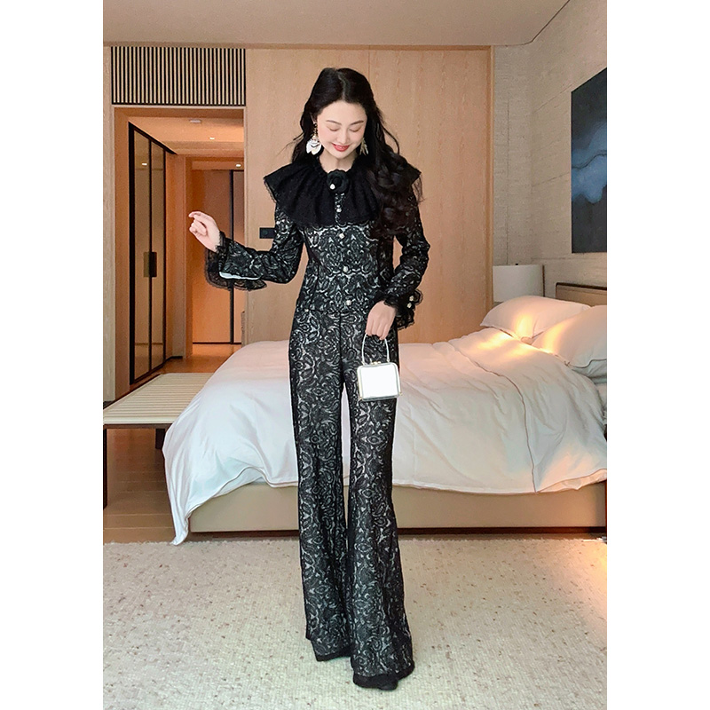 TRACY CHU 欧若风黑色蕾丝撞色千金超IN款蕾丝富家千金气质阔腿裤