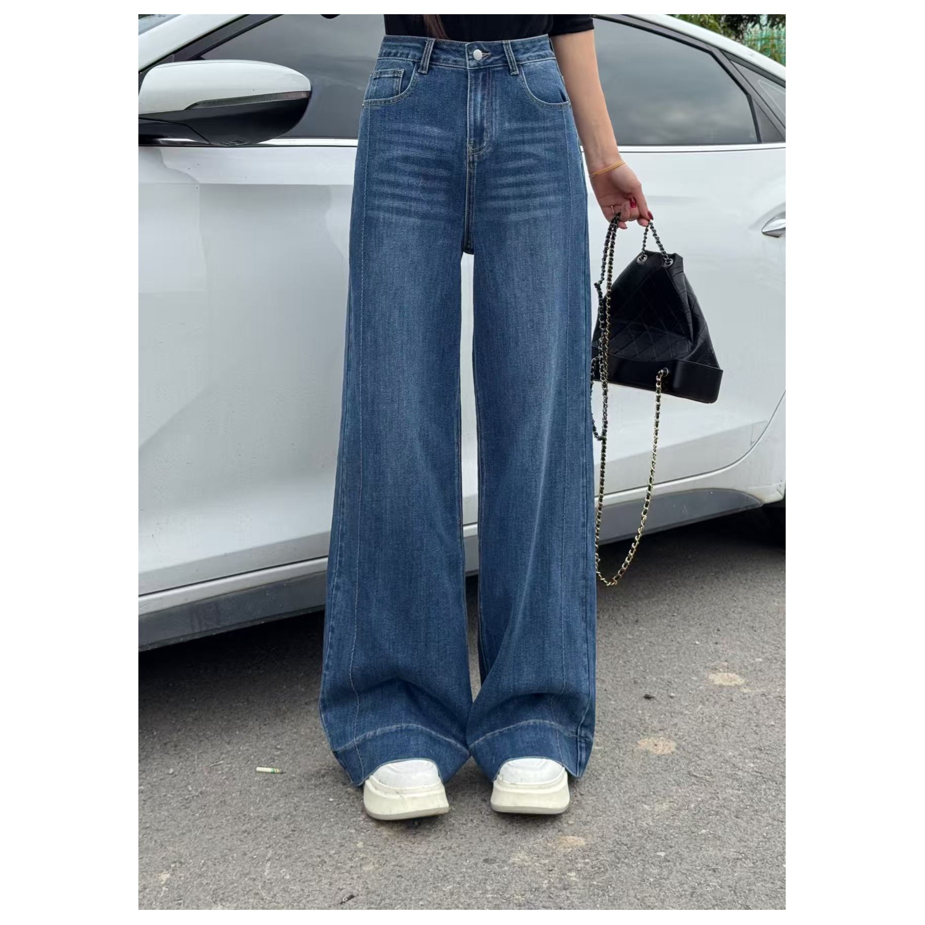 加绒美式复古秋冬高腰显瘦不贴腿微喇牛仔裤女直筒微喇长裤AM9221