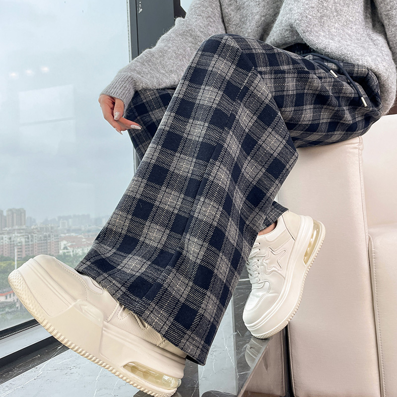 毛呢格子阔腿裤秋冬季加绒加厚窄版直筒九分小个子宽松高腰休闲裤