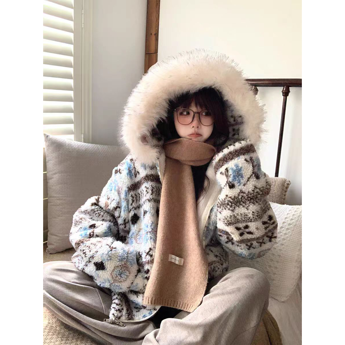 (壹比壹）费尔岛羊羔绒加绒外套女宽松2025年新款冬季保暖棉衣