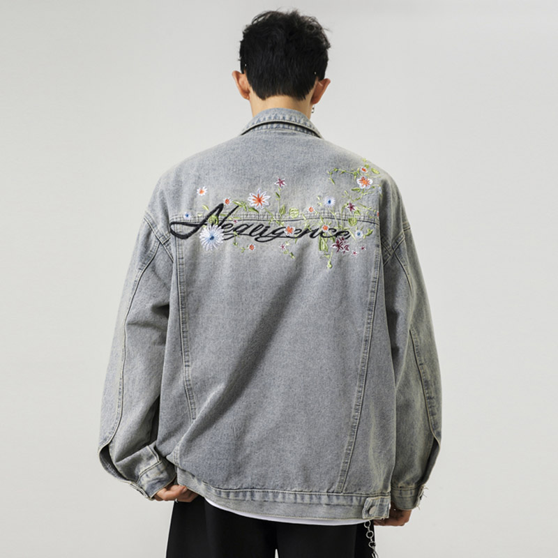 秋季新款美式高街复古刺绣牛仔外套男士夹克潮牌宽松休闲帅气上衣