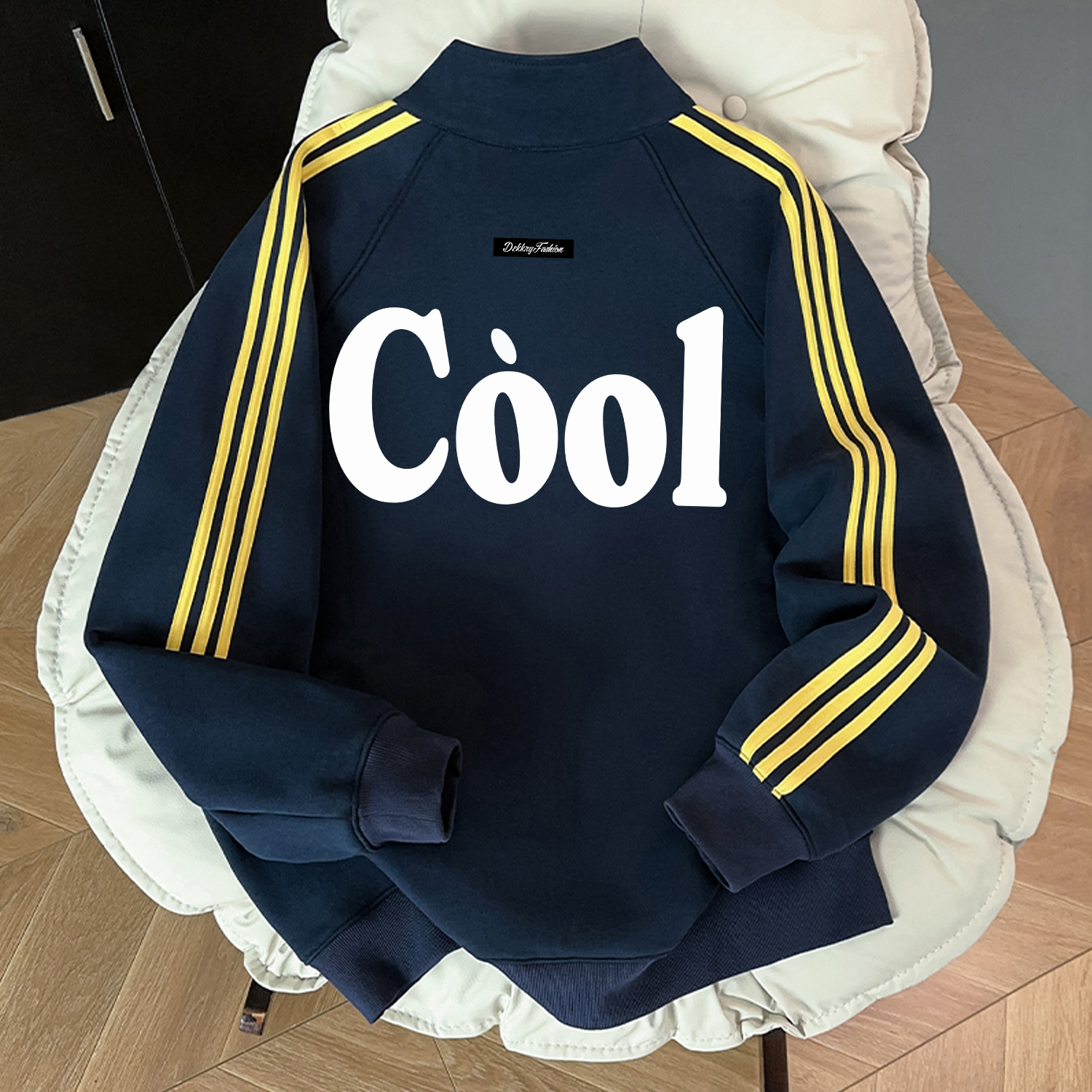 美式简约ins字母印花三条杠开衫拉链卫衣男女秋冬季立领情侣外套