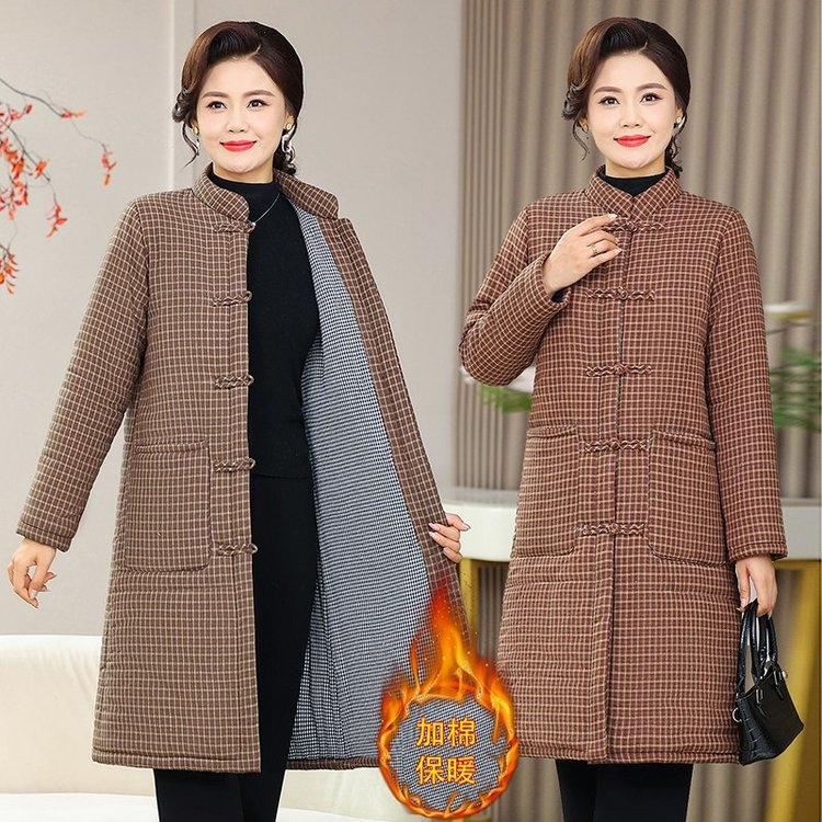 冬季中老年女装中老年加厚格子棉袄保暖外套加绒棉袄