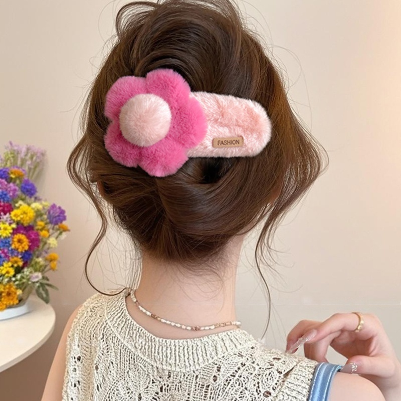 甜美可爱抓夹发卡头饰秋冬毛绒花朵发夹女后脑勺盘发鸭嘴夹子大号