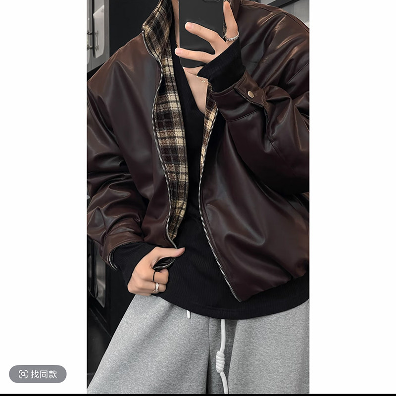 冬季新款潮流美式复古格纹百搭立领机车皮衣夹克保暖棉服韩版休闲