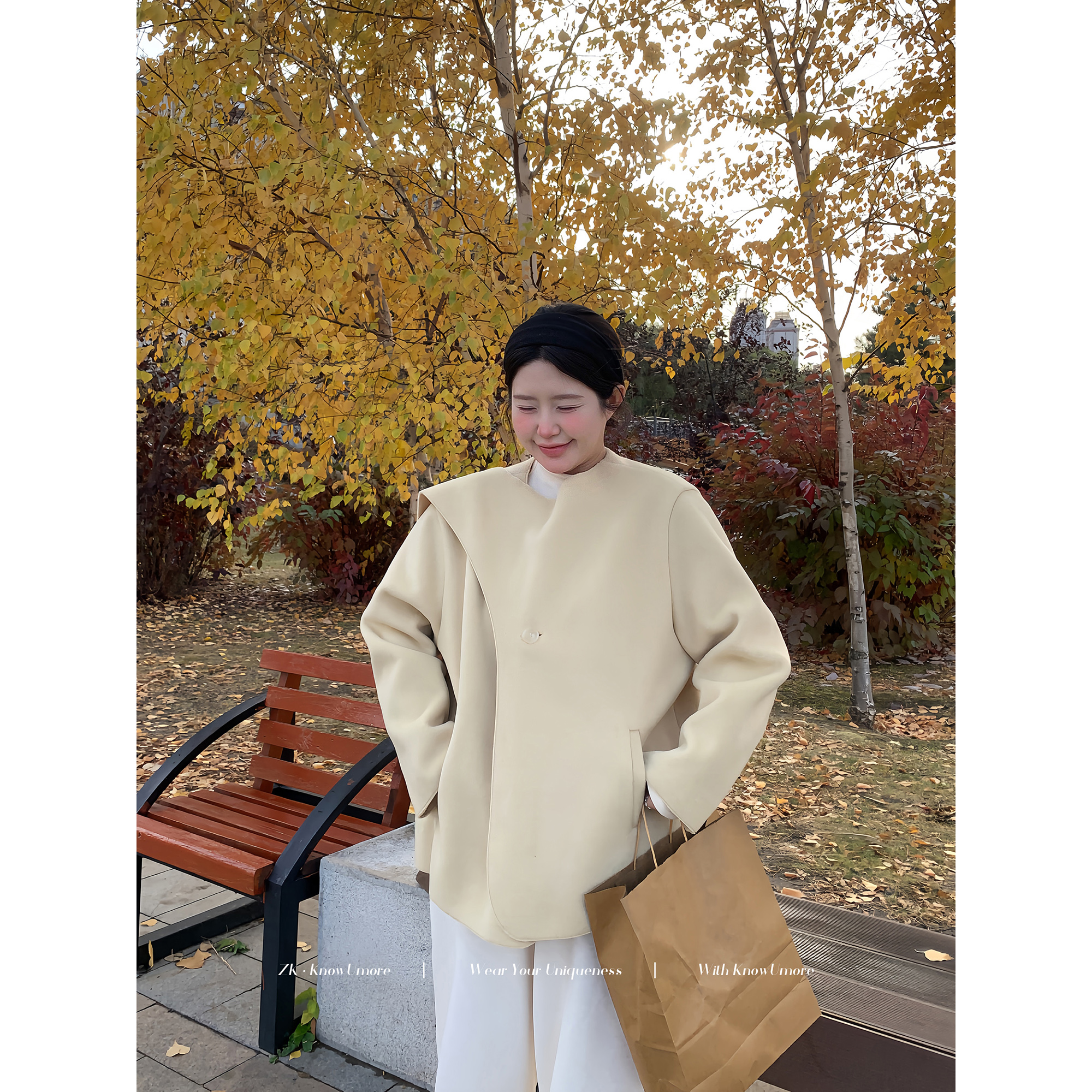 知葵微胖定制【半熟芝士】秋冬奶黄色围脖领廓形双面呢子大衣MN6599