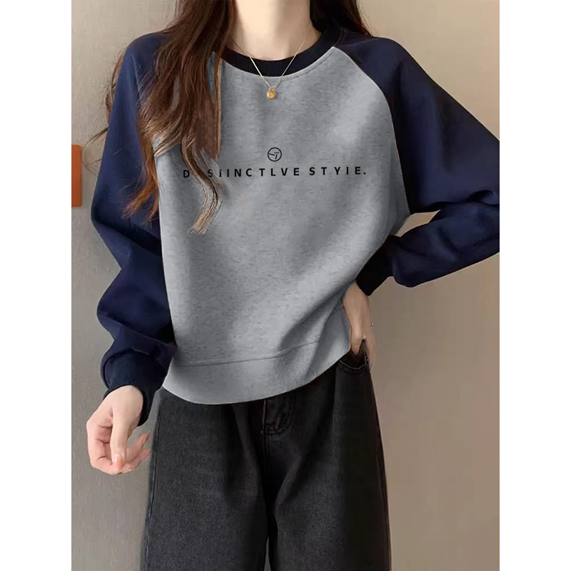 美式复古插肩长袖加绒卫衣女秋冬短款小个子宽松套头外套爆款上衣