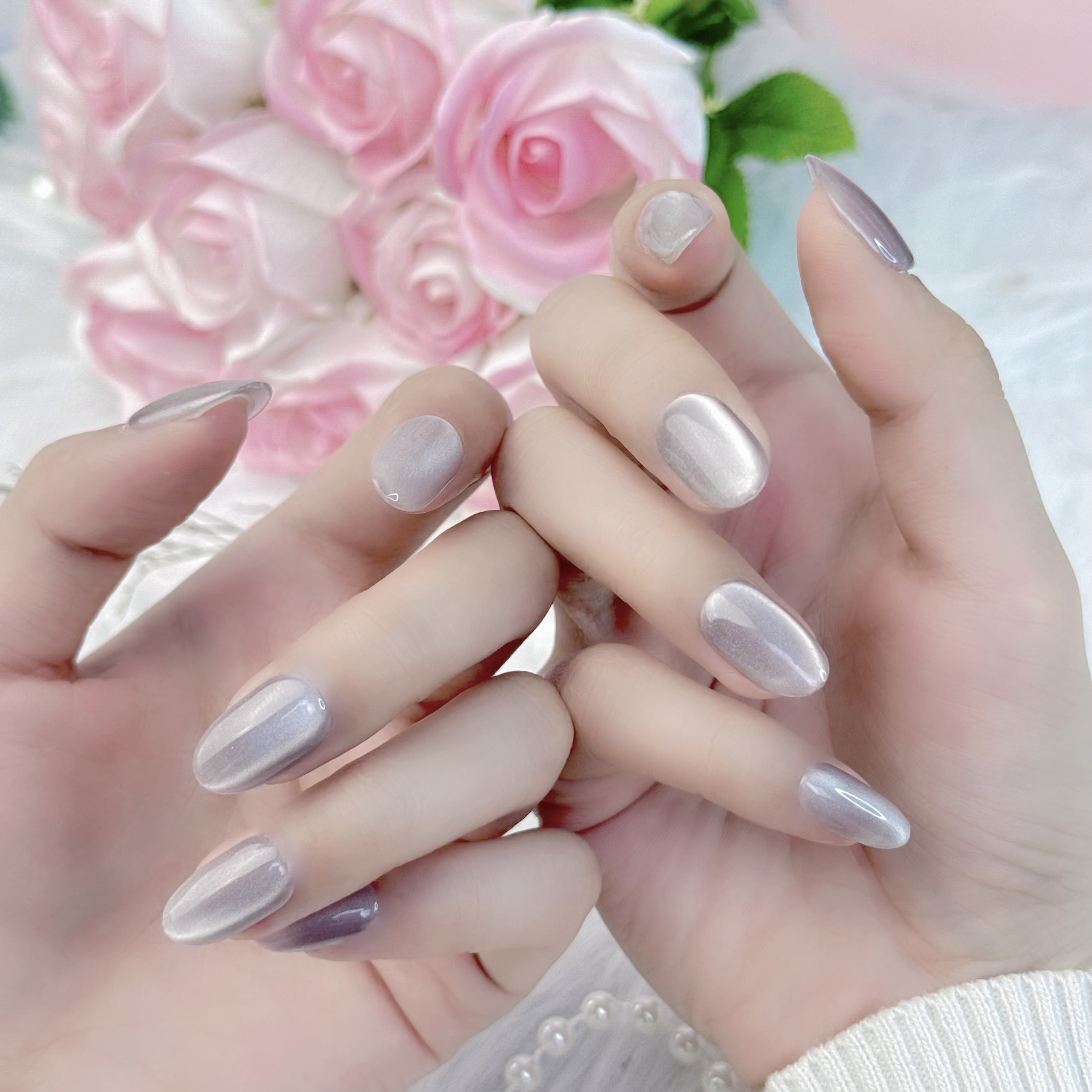 【全疆包邮084】高级小众百搭冰透卡其灰猫眼穿戴甲秋冬短款美甲