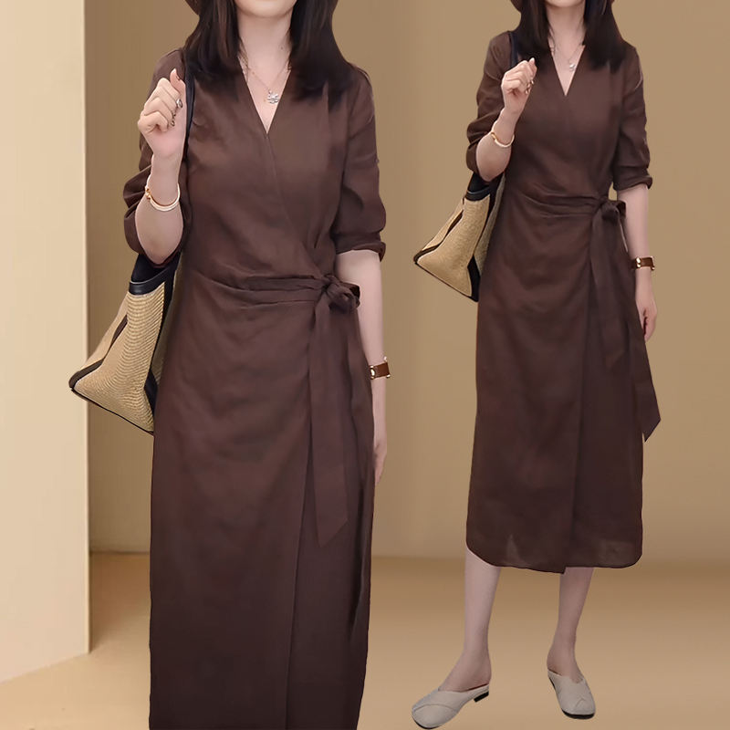 高级感御姐风中长款时尚连衣裙女2026春秋新款系带宽松衬衫长裙子