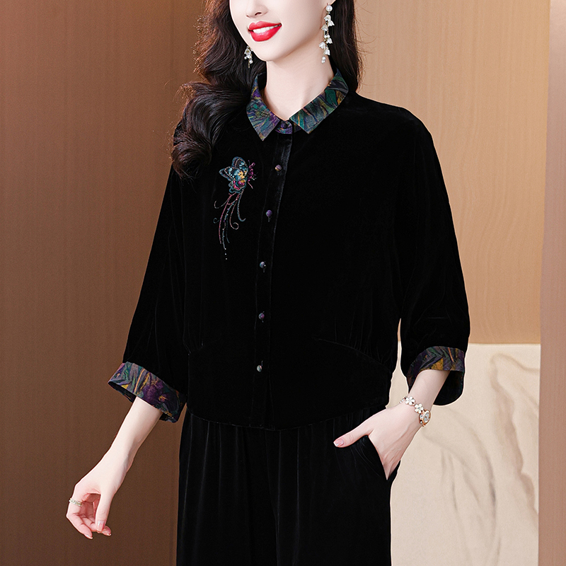 复古国风气质刺绣缎面金丝绒外套女秋季百搭丝绒高贵洋气显瘦上衣