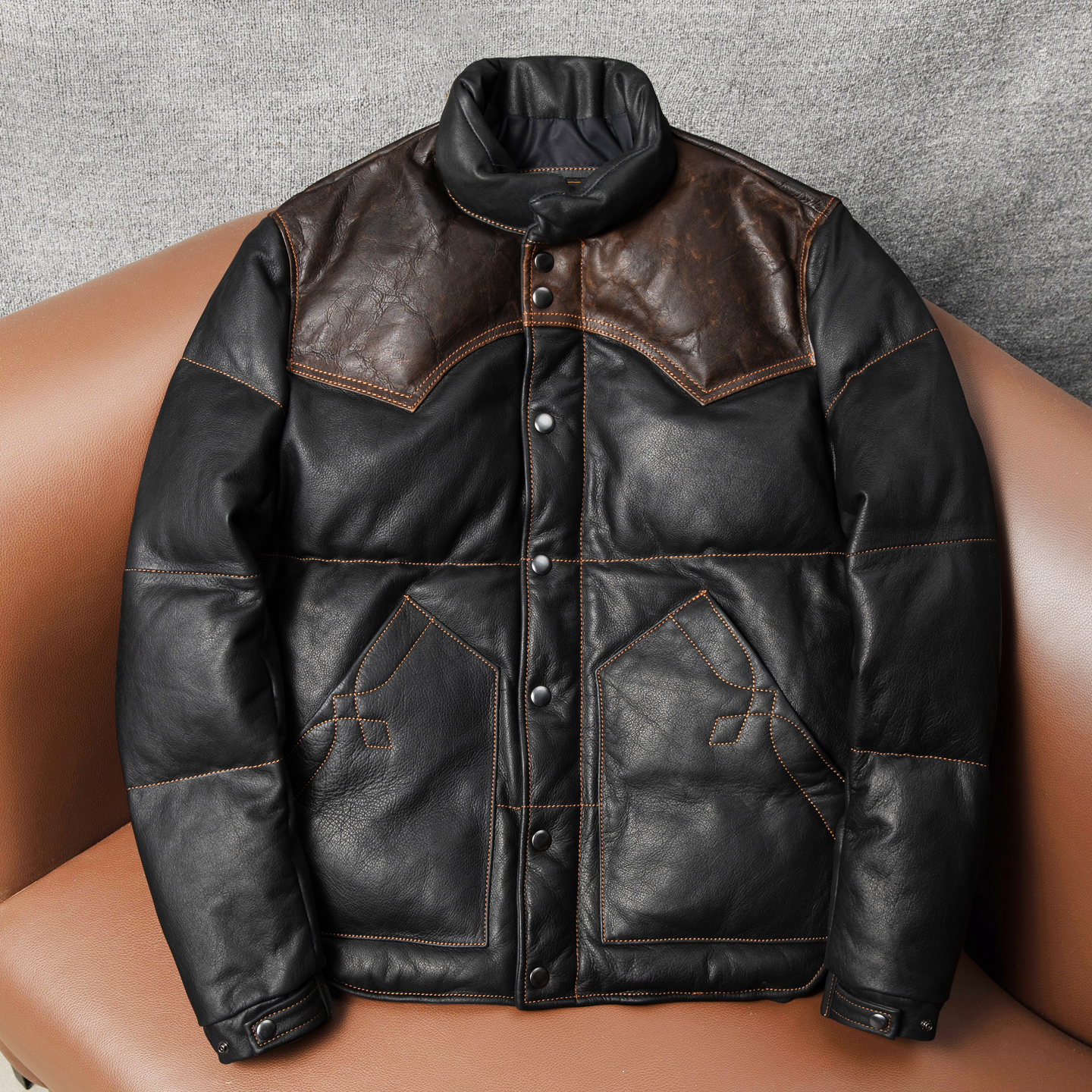 路约威格做旧拼色头层牛皮男短款羽绒服加厚保暖真皮皮衣鸭绒外套