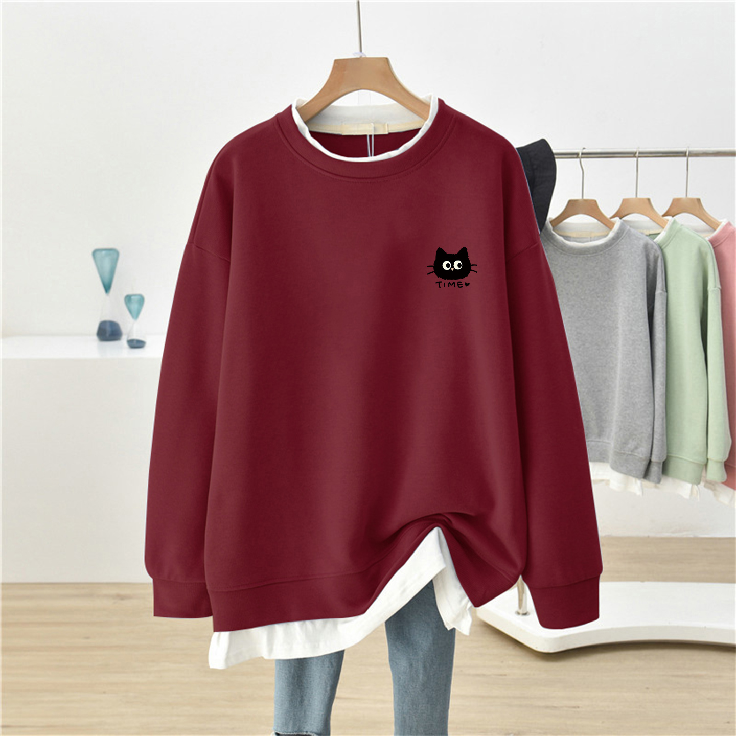 假两件卫衣女秋冬季薄款大码胖mm宽松oversize遮屁股上衣无帽外套