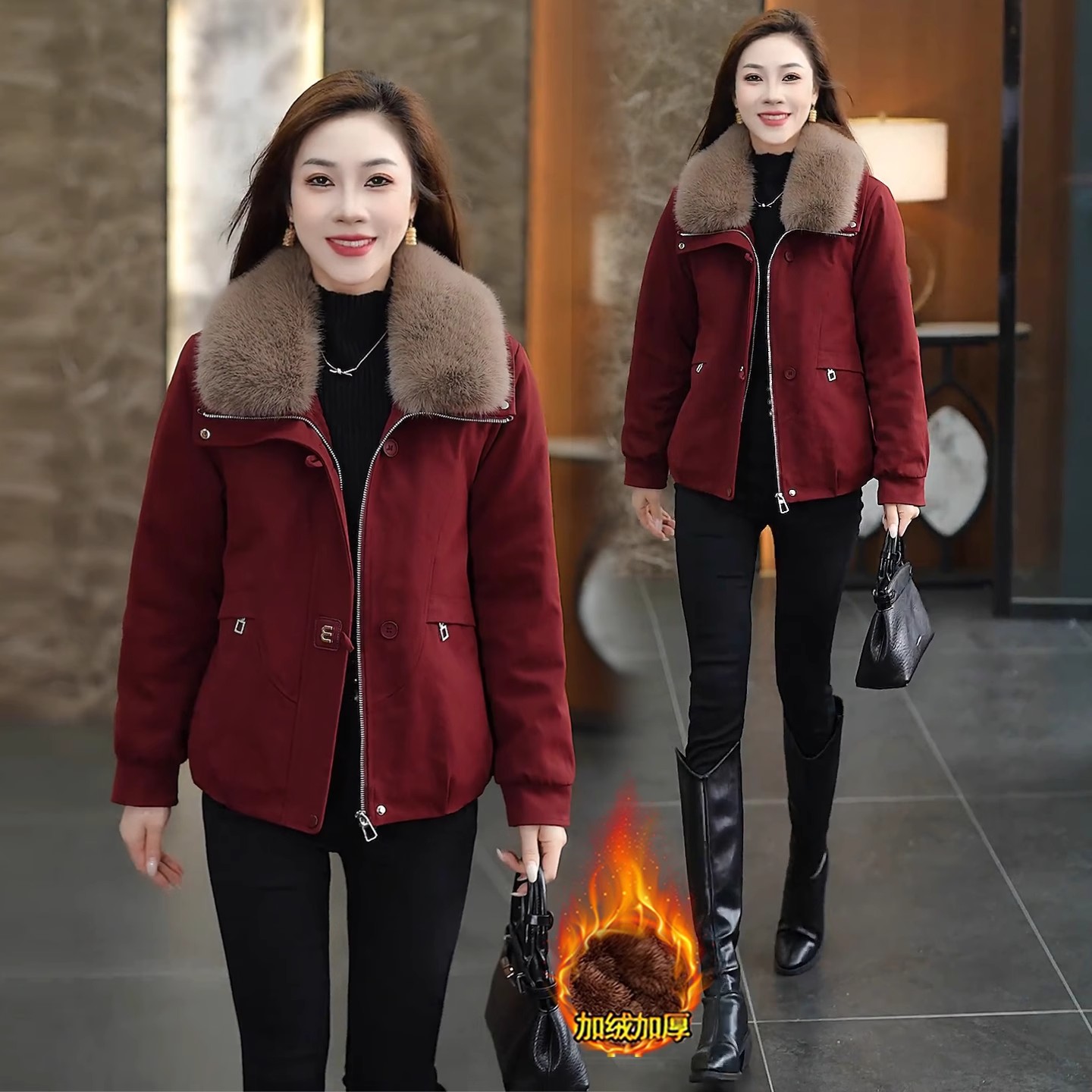 时尚加绒加厚毛领短外套女2025冬季新款洋气宽松显瘦保暖棉袄上衣