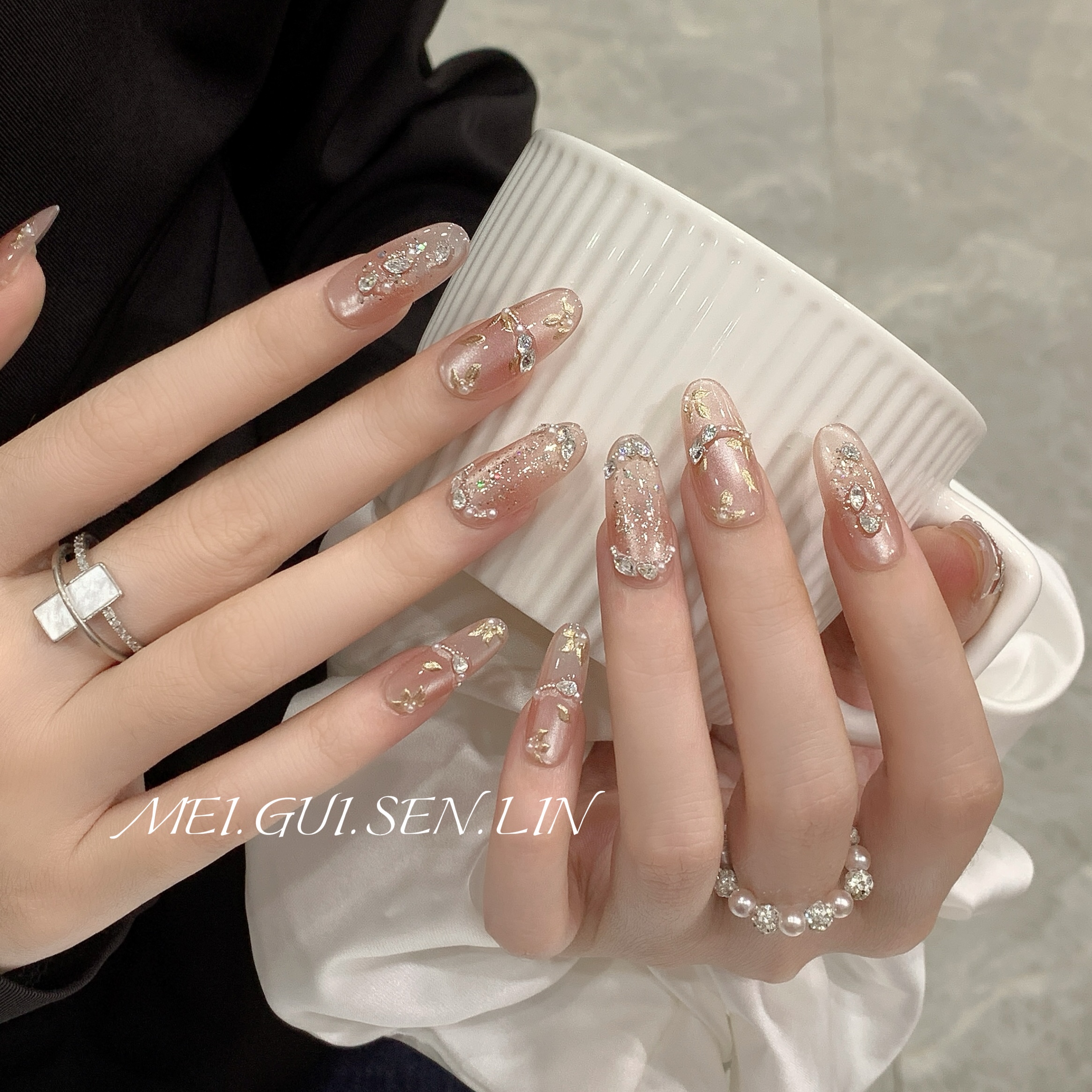 花影记 玫瑰森林新中式轻奢气质裸粉清新花瓣猫眼手工穿戴甲