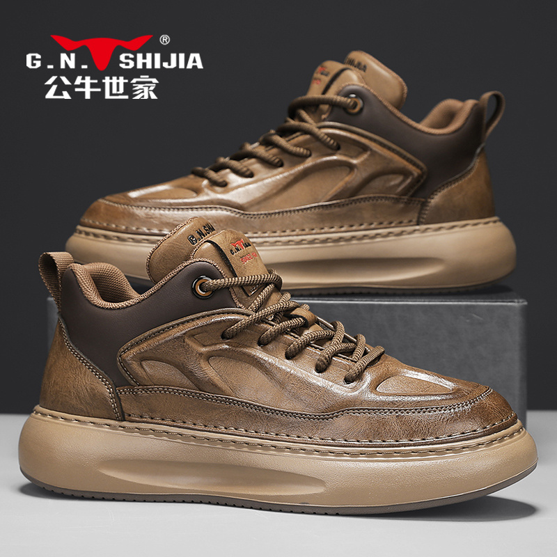 公牛世家高帮鞋男2025秋季爆款复古休闲皮鞋厚底增高加绒老爹鞋潮
