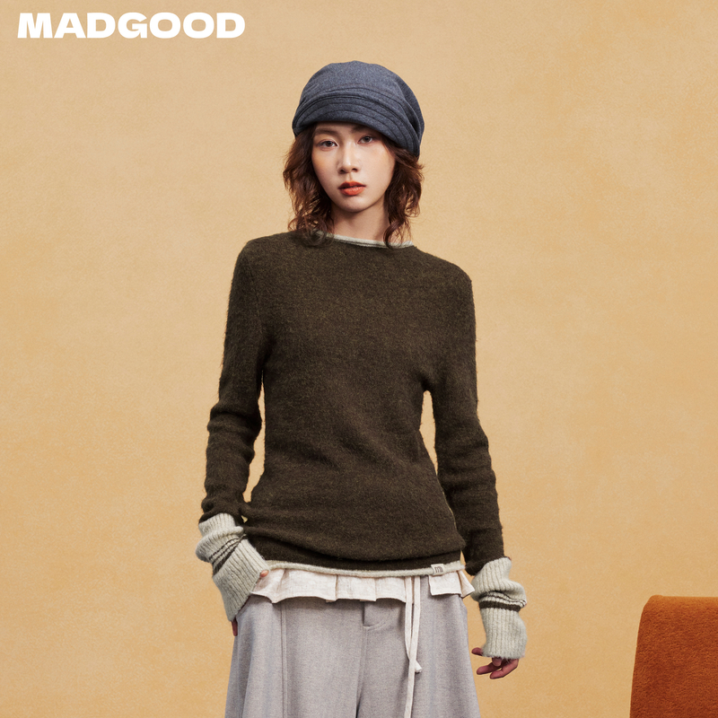 madgood马得工地日系撞色假两件修身套头毛织打底衫MDGDMY14838