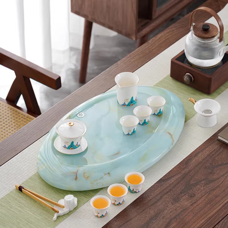 椭圆玉石茶盘家用办公轻奢茶具简约中式手工功夫茶台新中式创意