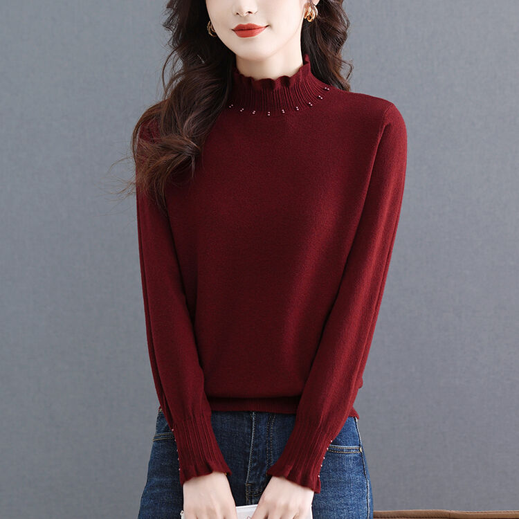 鄂尔多斯市纯100羊毛衫春秋针织木耳花边领上衣薄款毛衣女士打底