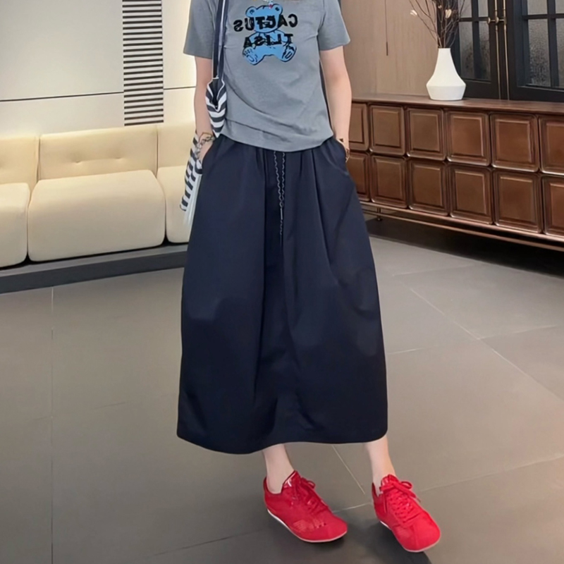 韩系茧型花苞裙女夏季新款时尚简约松紧腰宽松显瘦抽绳半身中长裙