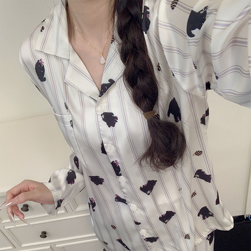 春秋季爆款卡通风条纹睡衣女款冰丝凉感长袖长裤高级感家居服套装