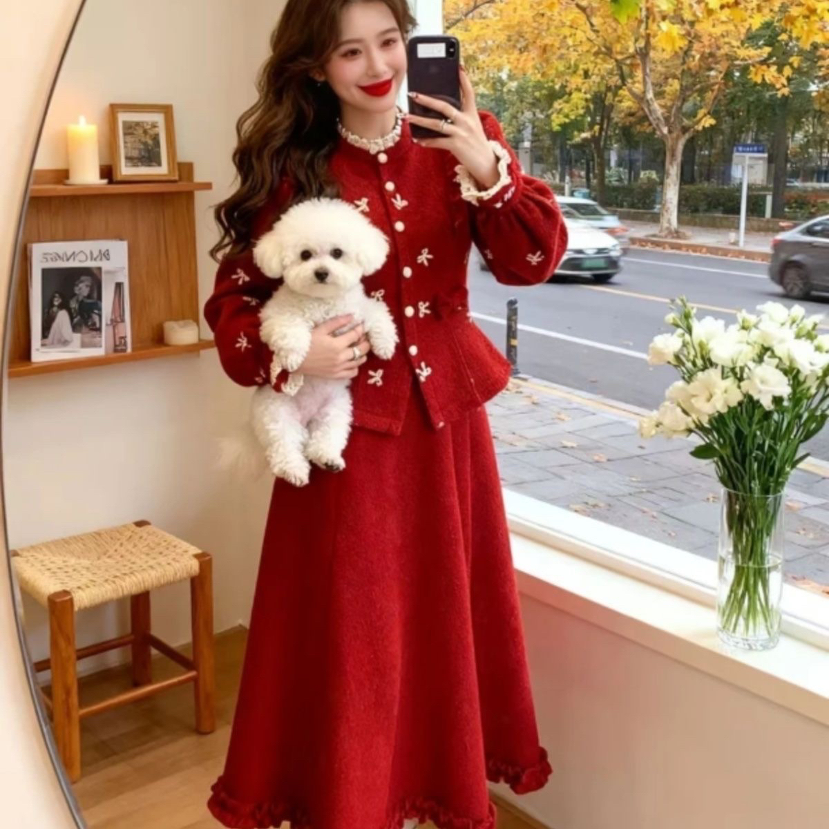 甜美圣诞氛围感绝美纯欲千金毛呢外套半身裙子秋冬新款女装两件套