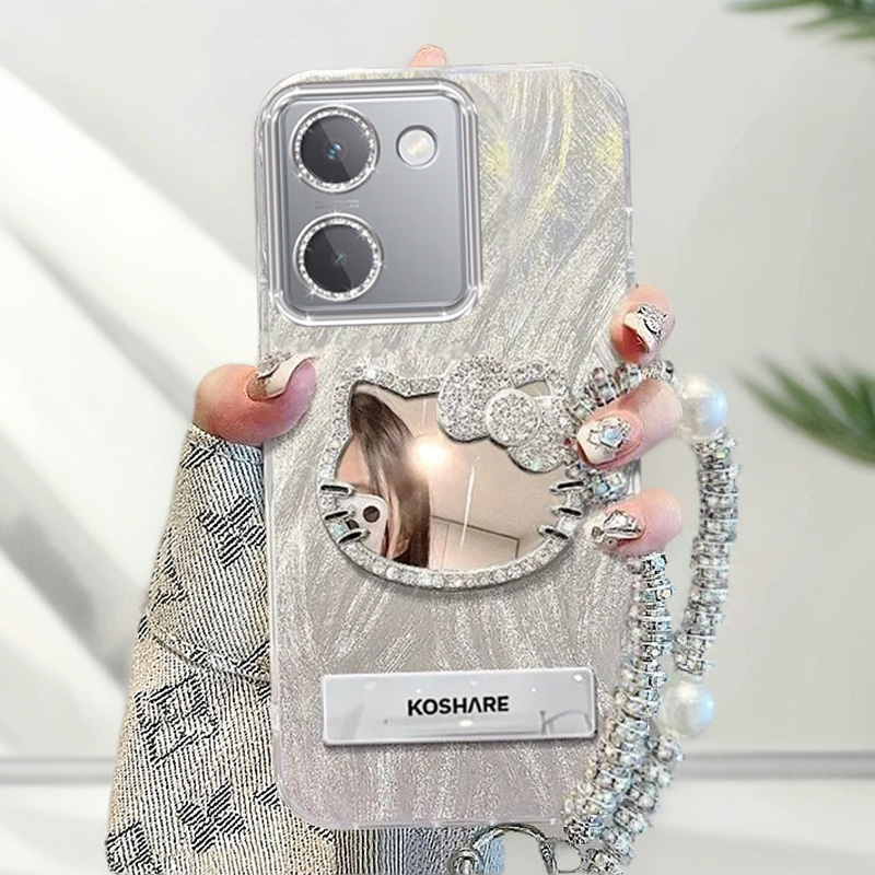 自带镜头膜VIVOY100手机壳V2313A软壳y100镶钻kt猫镜子羽纱保护套